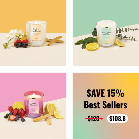 Experience our most loved scents with the Best Sellers Bundle. This curated collection features the irresistible fragrances of Orchid Blackberry, Eucalyptus Sea Salt, and Acai Blossoms. 