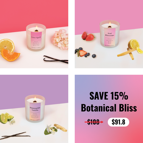 Step into a botanical paradise with our Botanical Bliss Trio candle set. This collection captures the essence of nature's beauty through the captivating scents of Acai Blossoms, Love Spell, and Honeysuckle Vanilla.